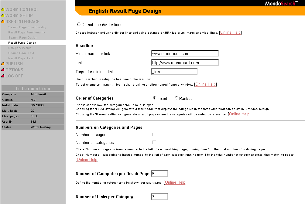 MondoSearch Result Page Design Administration